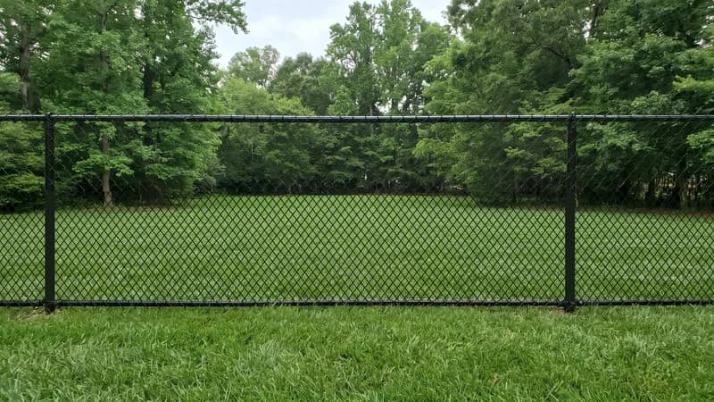 Galvanized steel chain-link fence with diamond mesh enclosing a suburban yard